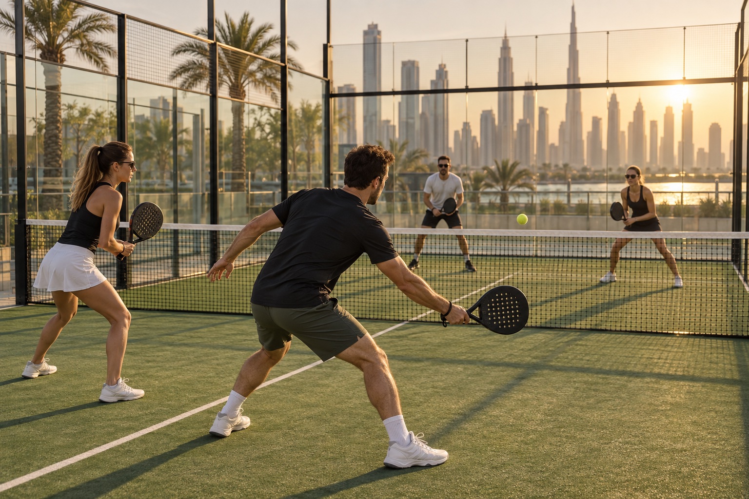Négy felnőtt páros padelmeccset játszik egy naplementés dubaji pályán – hangulatillusztráció